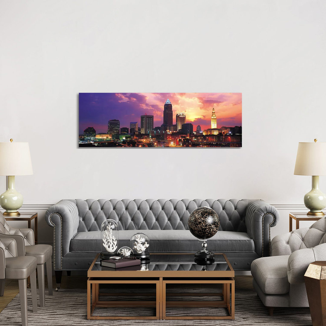 Cleveland Skyline Cityscape (Sunset) - Wrapped Canvas Panoramic Print