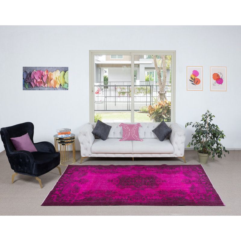Tapis rose royal de 5,7 x 9,2 pi d'inspiration Aubusson pour intérieurs modernes, fabriqué à la main en Turquie
