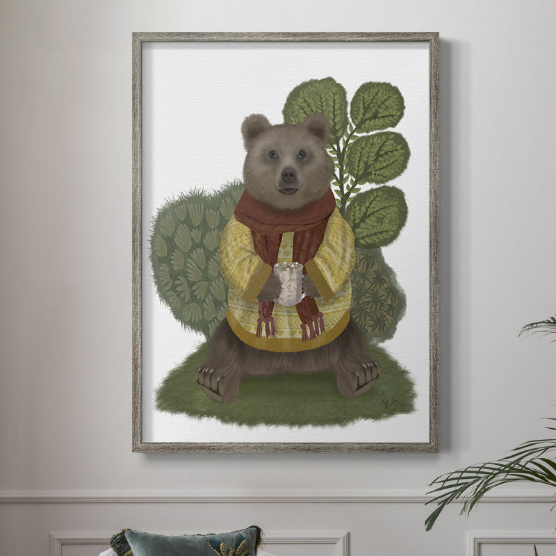 Reproduction encadrée d'ours chocolat chaud - bois massif, H 15 po x l 12 po