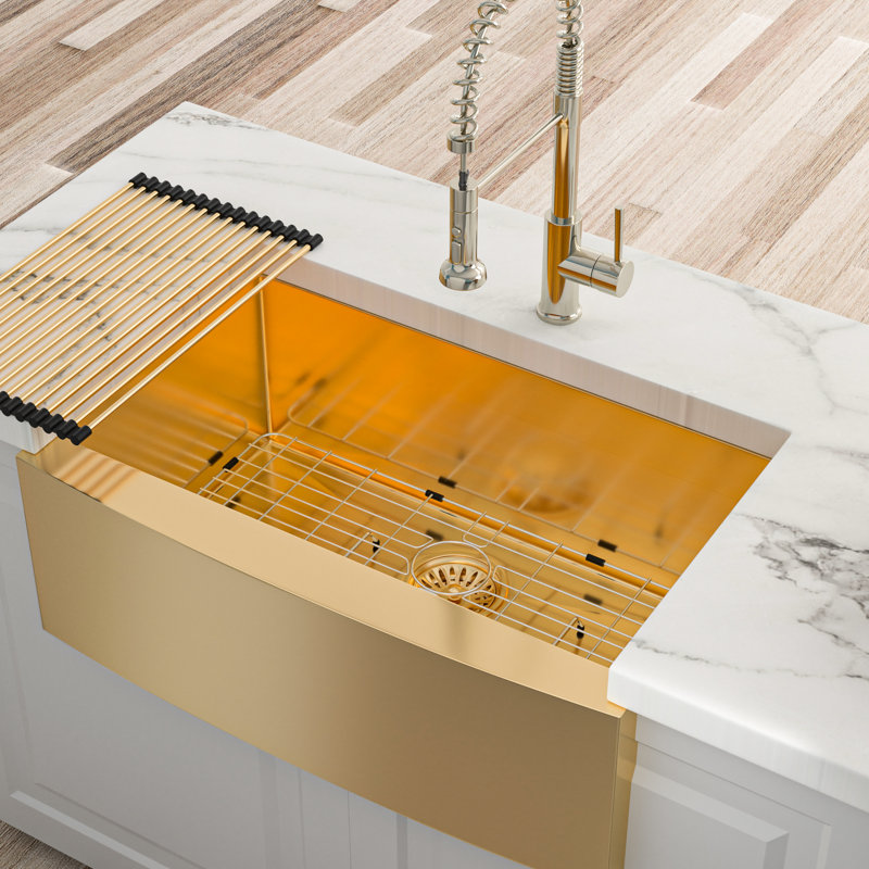 30" Kitchen Sink Gold, Stainless Steel 16G, Rounded Corners, Easy Maintenance, Included Dish Grid Gold Apron 30", 16G Steel, To Peeling, Package
