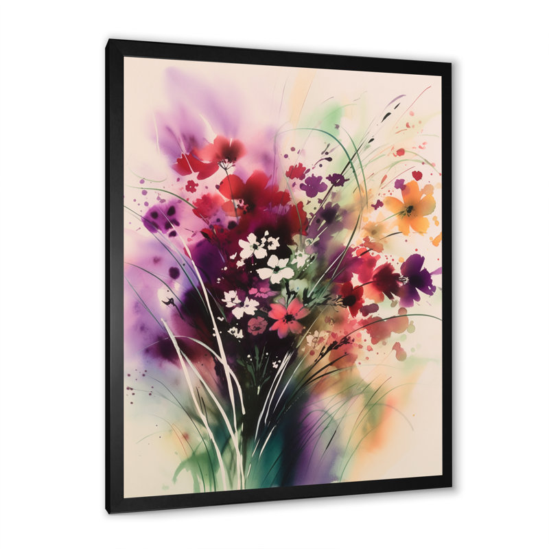 Ryung " Purple And Green Flowers Bouquet Elegance II ", Black Picture Framed, 20" H x 12" W x 1" D