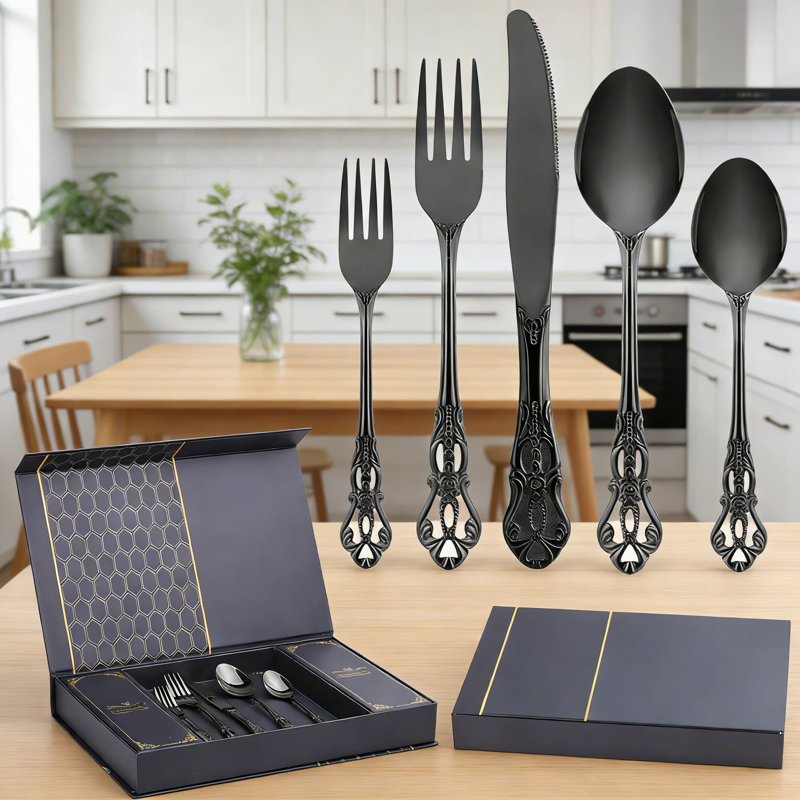 Ensemble de couverts Royal Royal noir pour 8 personnes, ensemble de couverts en acier inoxydable de qualité supérieure avec boîte-cadeau, ensemble de couverts polis miroir avec fourchettes et cuillères, service d'ustensiles allant au lave-vaisselle rétro