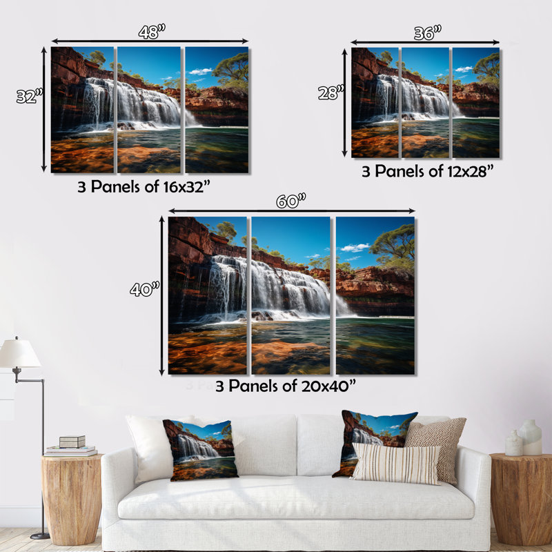 «Australie Waterfall Symphony I», reproduction sur toile 3 pièces, H 32 po x l 48 po x P 1 po