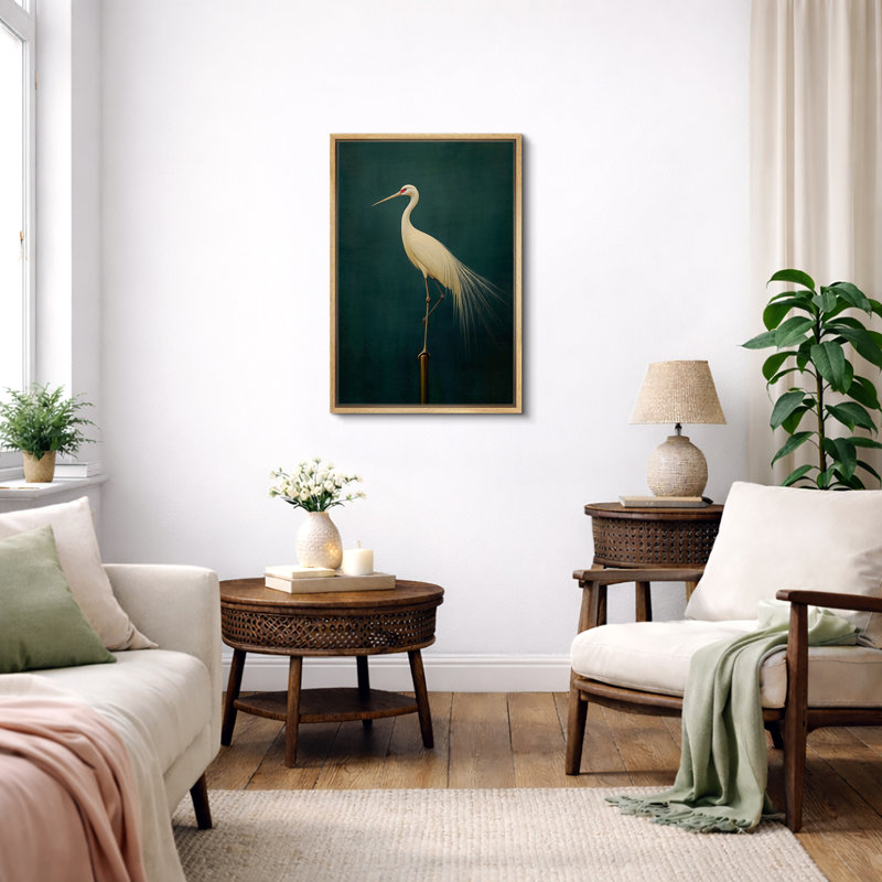 Oiseau aigrette vert rétro, photos de salle de bain rustique moderne, impression sur toile encadrée, Naturel