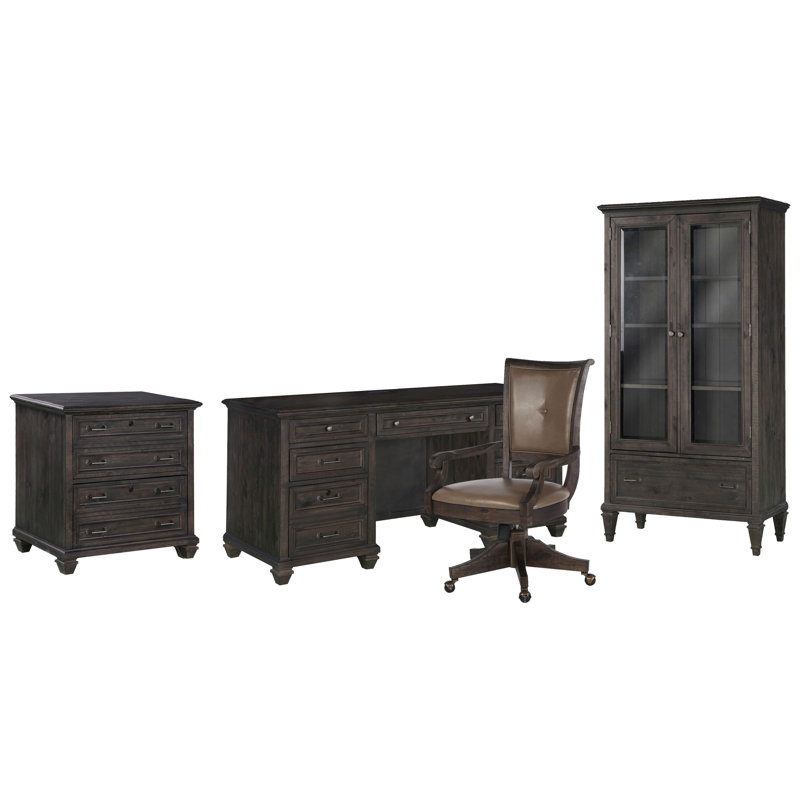 Credenza With Chair Lateral File And Door Bookcase, 4 Pieces: Desk, Chair, Filing Cabinet, Bookcase, Weathered Charcoal