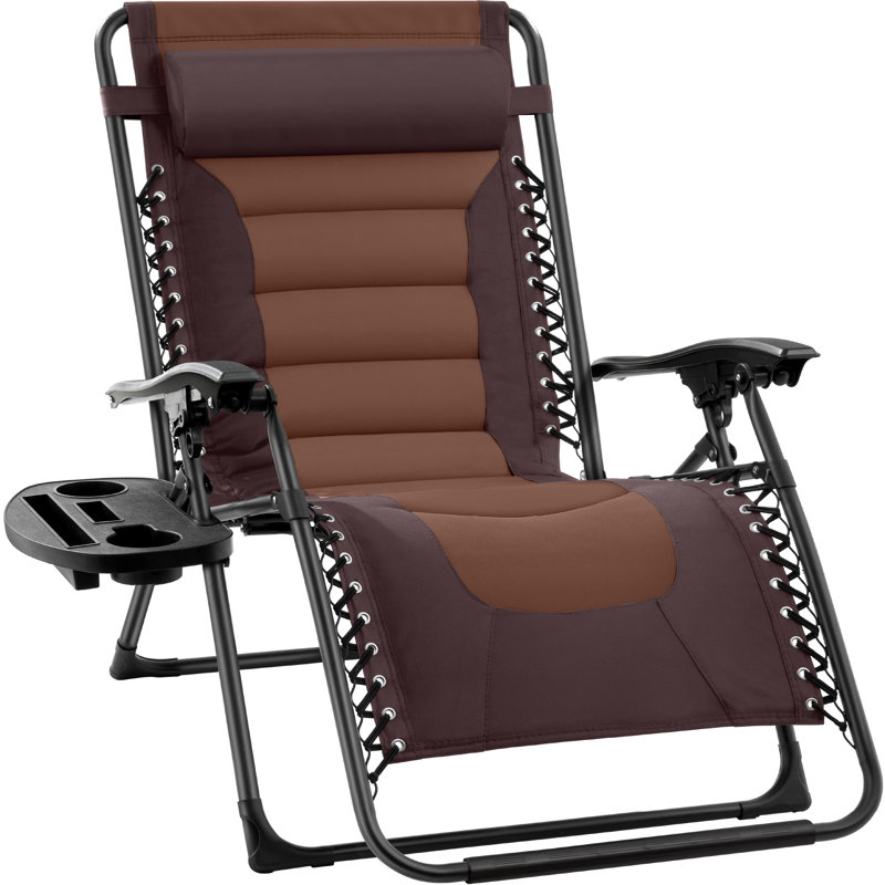 Danny-James Oversized Padded Zero Gravity Chair, Folding Outdoor Patio Recliner w/ Side Tray, Brown/Caramel
