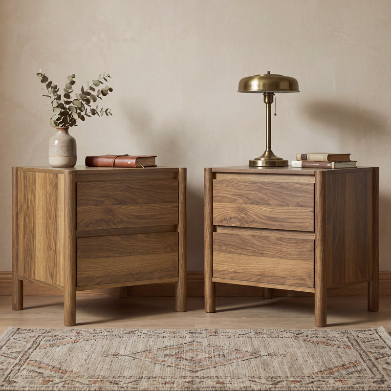 Modern Nightstand With 2 Drawers, End Table With Solid Wood Legs For Living Room, Bedroom（Set of 2）, Brown