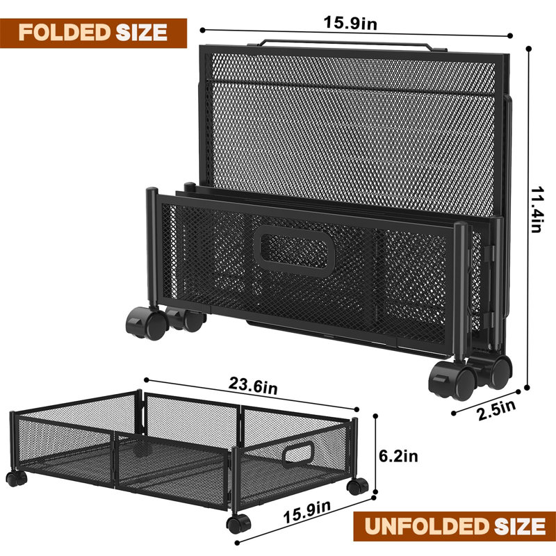 Black Metal Foldable Under Bed Storage Containers with Wheels