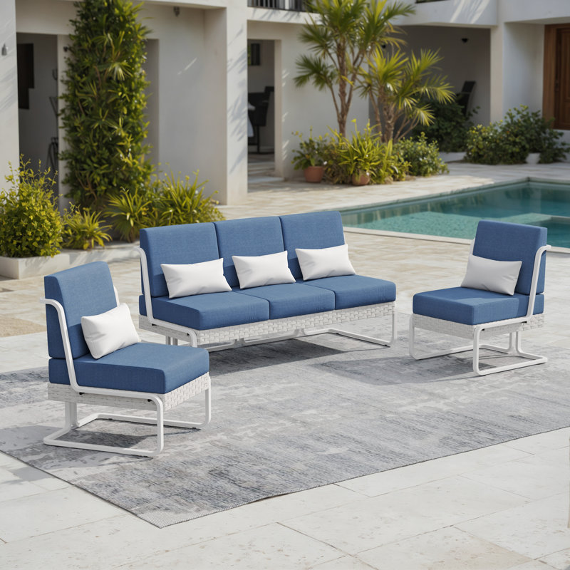 5 - Person Aluminum & Wicker Outdoor Sofa Seating Group With Cushions & Pillows, White/Blue