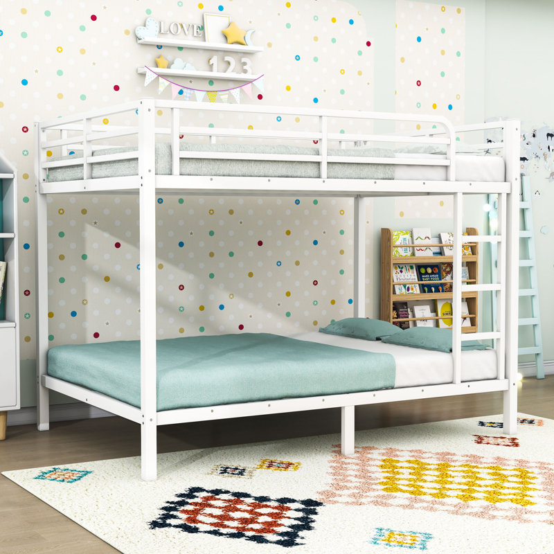 Metal Bunk Bed With Guardrails And Ladder, White, Full XL Over Full XL