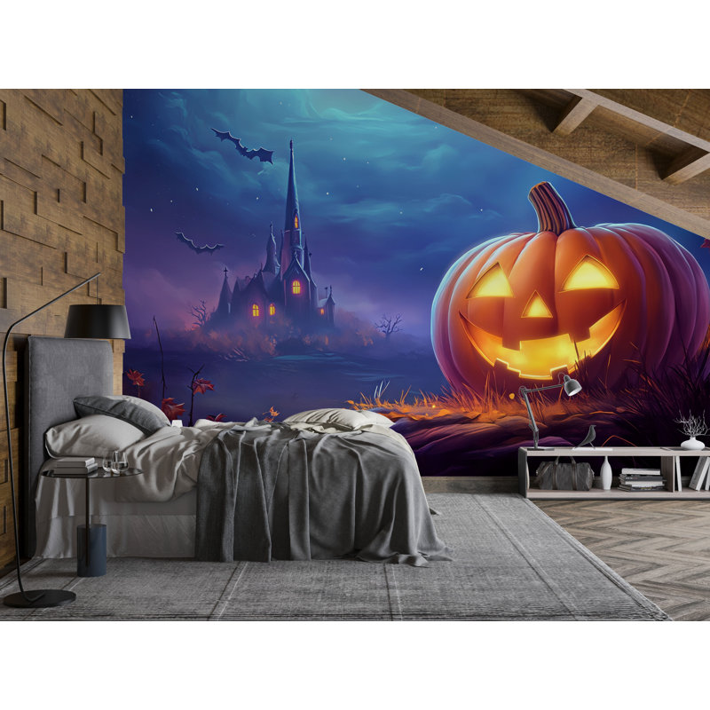 Halloween Wallpaper - Haunted House & Jack-O’-Lantern Halloween Wall Mural – Spooky Night Scene, L 120 po x l 80 po, Adhésif
