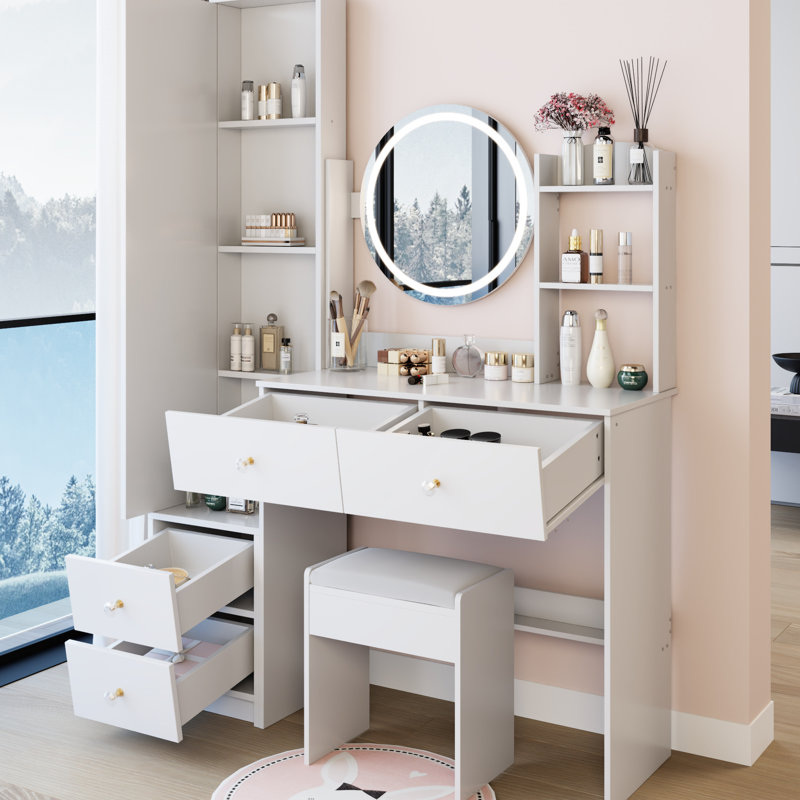 Ensemble de meuble-lavabo à DEL de 17 po de diamètre à 3 couleurs, meuble-lavabo avec miroir pleine grandeur et tabouret rembourré, ensemble d'habillage blanc de style américain: miroir variable, tabouret avec grand