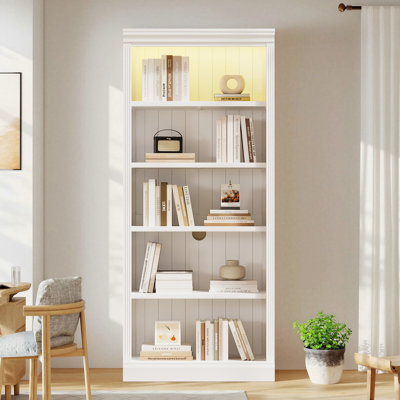 83.4" Tall 5-Tier Wood Bookcase with LED Light Strip & Adjustable Shelves