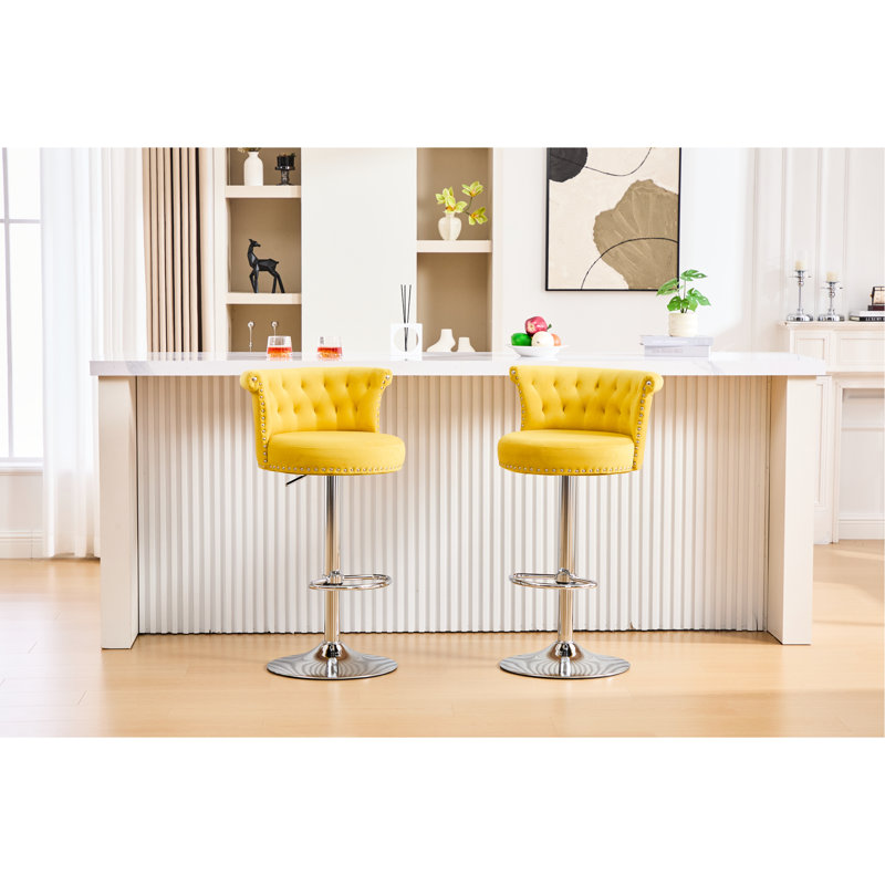 Tabouret de bar rotatif à hauteur ajustable en velours, 2 pieds, Jaune