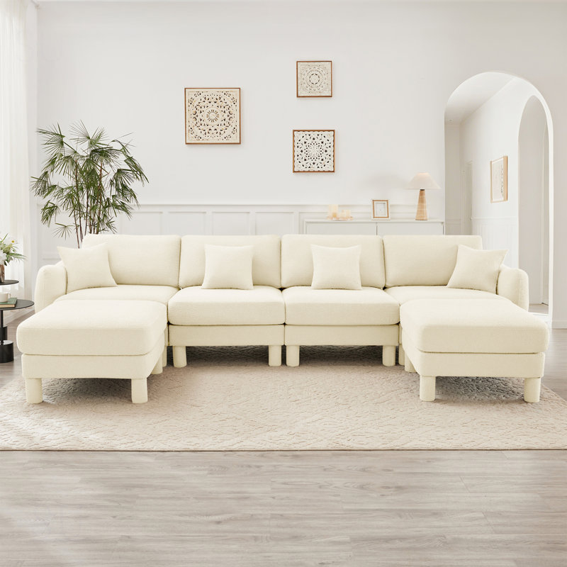 Boucle Fabric U Shape Sectional 4-Seater Sofa With Shell-Shaped Armrests And 2 Movable Ottomans, Cylindrical Legs