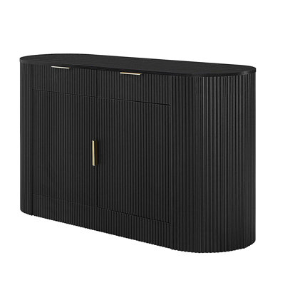 55.1" Modern Storage Cabinet – 2 Doors & 2 Drawers, Stripe MDF Sideboard with Aluminum Handles, Curved Side Door & 3-Tier Shelves, Buffet Cabinet