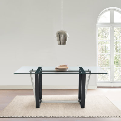Jaqueal Contemporary 72" Rectangular Dining Table with Black Steel Base and Glass