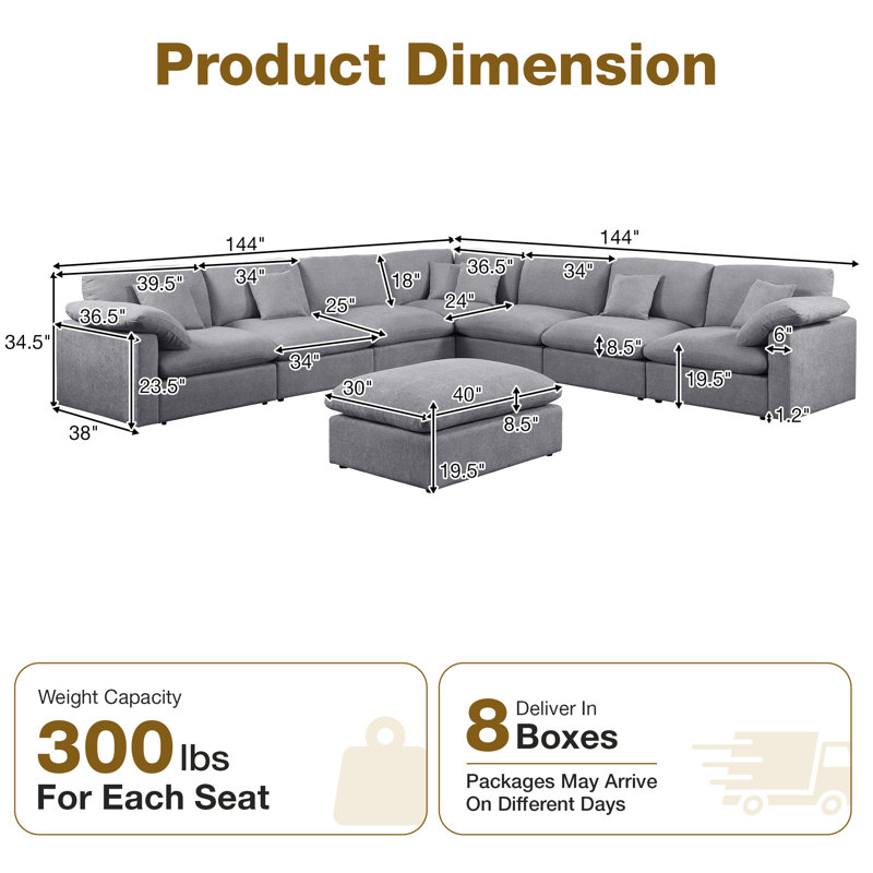 8 Piece 144" Chenille Sectional Sofa Oversized Modular Reversible Deep Seat Cloud Couch With Corner & Removable Ottoman