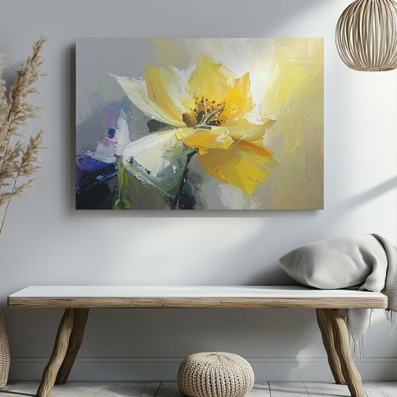 Art mural sur toile rayonnante florale, toile abstraite florale jaune, art prêt à accrocher, décor de galerie, décoration moderne