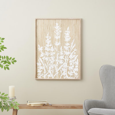 Wood Textured Floral Cream Wall Decor with White Painted Accents and Beaded Frame