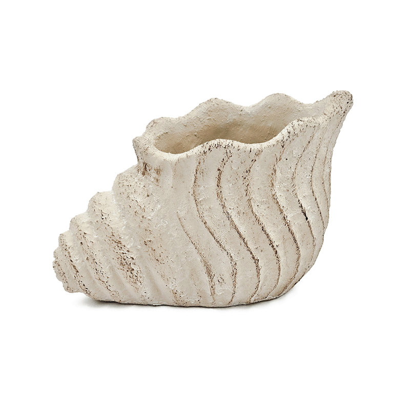 9X5.5X5.7" Sand And Cement Conch Shell Planter With Textured Beige Finish, 5.7" H x 9" W x 5.5" D