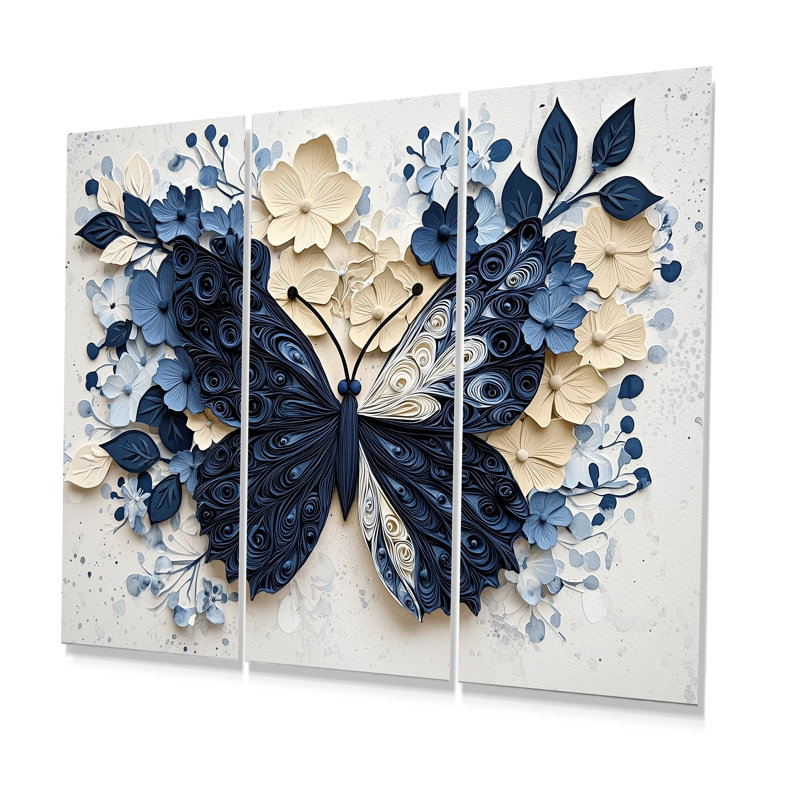 Ensemble de salon art mural papillon bleu en fleurs, H 28 po x l 36 po, Impression sans cadre en métal, Ne s’applique pas