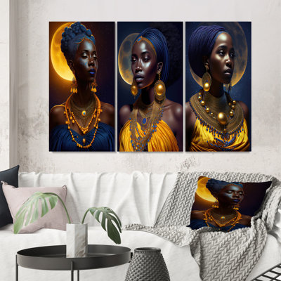 «Blue Queen African Woman Under Moon», 3 pièces sur toile