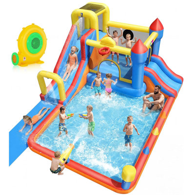 Adam 18ftx12ft Mega Inflatable Water Slides Bounce House with Blower for Kids Backyard Water Park with 9' 4"x9' 3 Big Splash Pool, Waterslide with 197" Extra Long Water Slide, Sprinkler Arch, Water Cannon, Jump Area