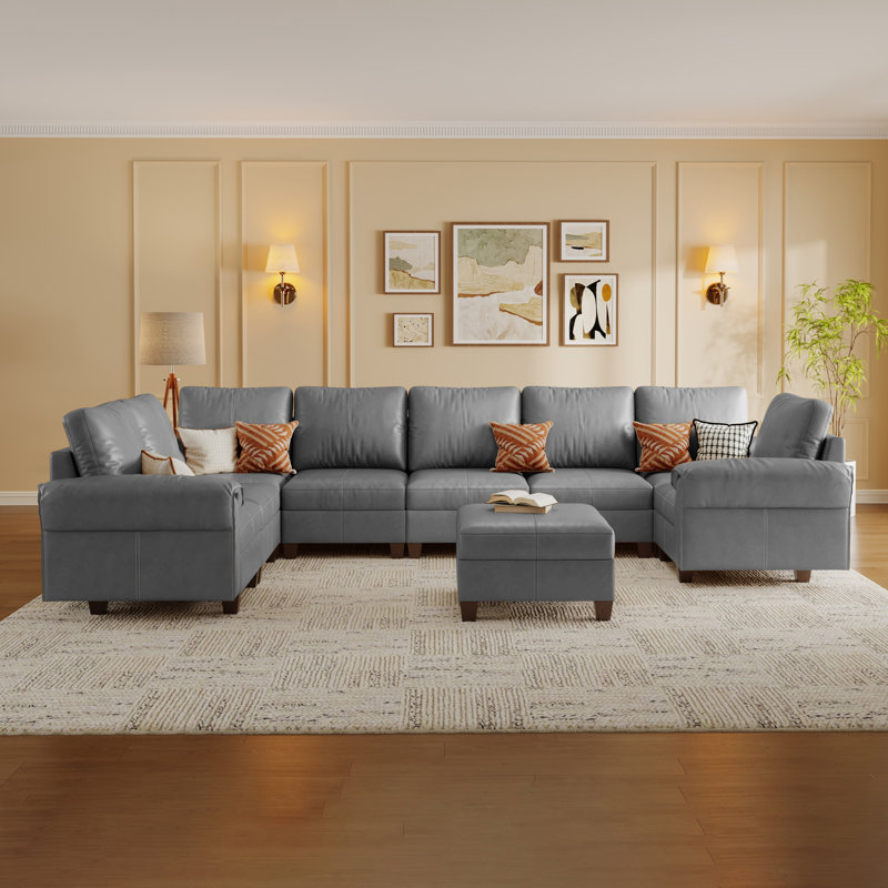 Canapé modulaire en U en similicuir de 150 po avec 9 places et rangement, gris, Gris