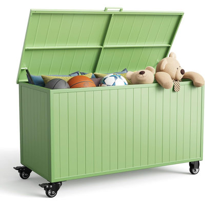 Boîte de rangement extérieure en métal 150 gallons avec roulettes - coffre de terrasse imperméable pour patio, jardin, jouets de piscine, outils de jardin et coussins (vert)