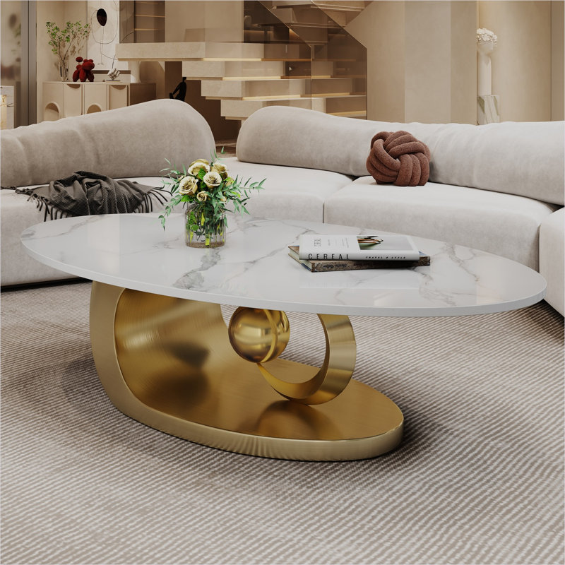 Table basse rectangulaire en pierre frittée avec base sculpturale dorée, blanc classique, centre de table de salon contemporain
