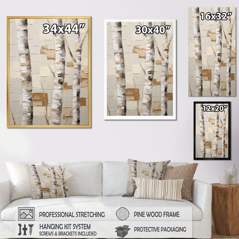 «Beige minimalisme arbre bouleau I» sur toile, Cadre doré simple, H 32 po x l 16 po x P 1 po