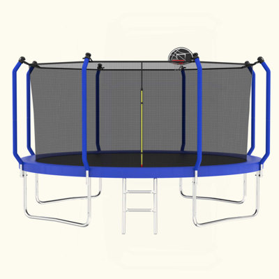 12FT Trampoline With Basketball Hoop, ASTM Approved Reinforced Type Outdoor Trampoline With Enclosure Net