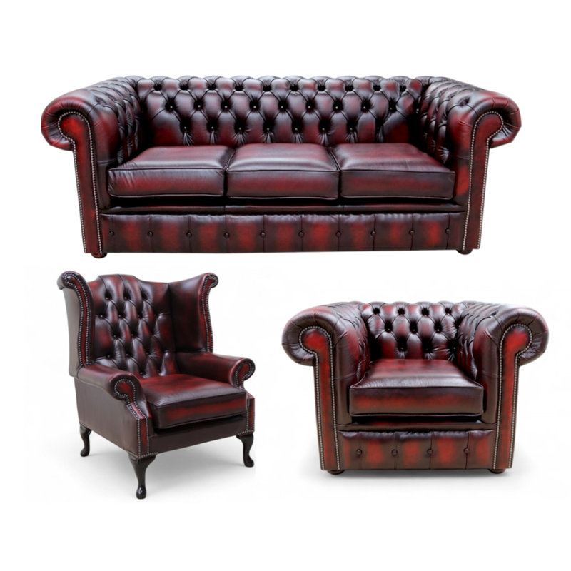 Chesterfield 3 Piece Suite. 3 Seater Sofa + Club Chair + Queen Anne Wing Chair Leather Sofa Suite Offer Antique, Red