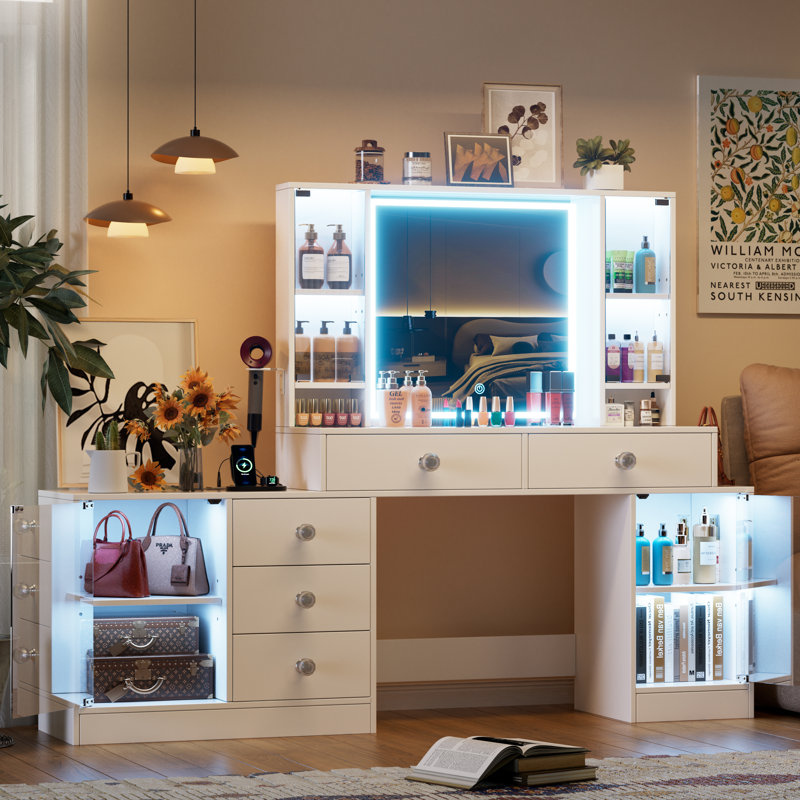 Bureau de maquillage pour coiffeuse avec miroir lumineux à DEL et prise de courant, coiffeuse avec 3 modes d'éclairage, luminosité réglable, 5 tiroirs et 4 armoires RVB, convient aux chambres à coucher, blanc
