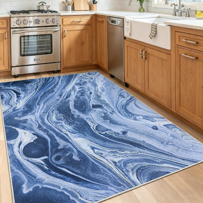Blue Machine Washable,Creative with Abstract Waves Indoor Area Rug