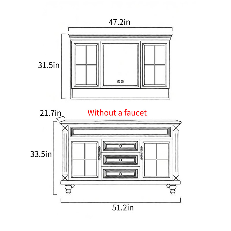 Armoire de salle de bain rétro française, H 33,5 po x l 51,2 po x P 21,7 po, Beige