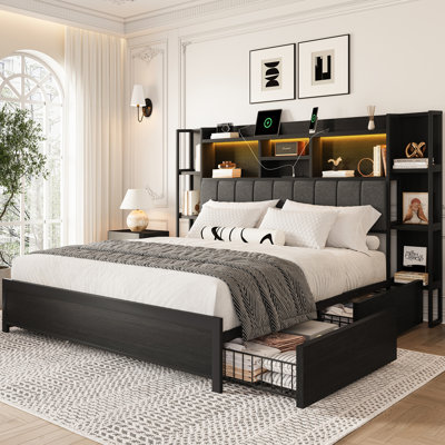 Lit plateforme King Size avec tête de lit rembourrée et tiroirs de rangement, noir
