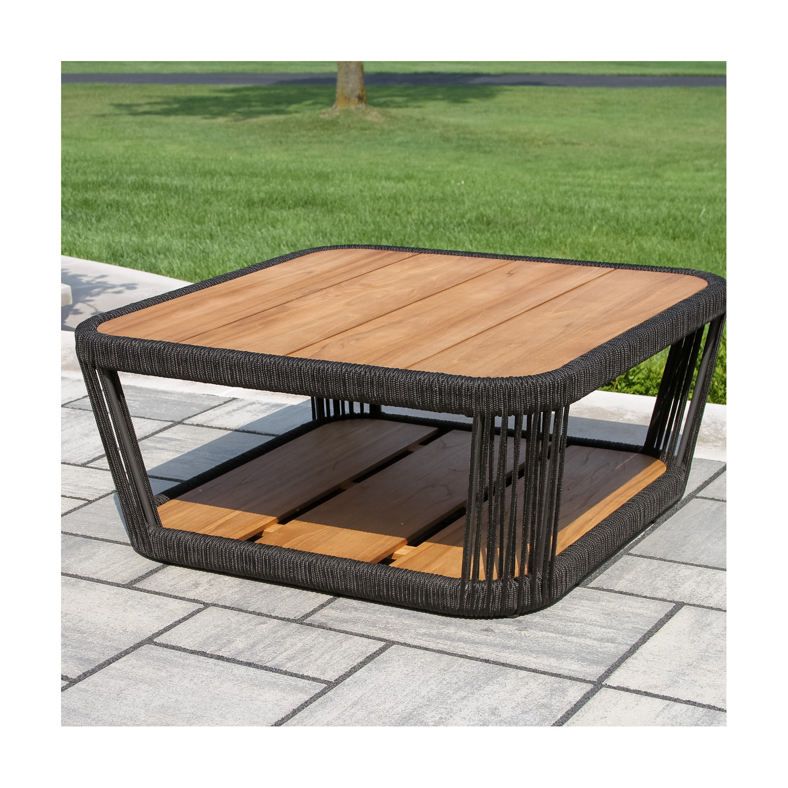 Aniston Teak & Black Rope Square Coffee Table, 35" x 35"