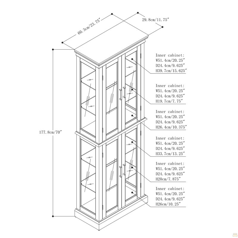 Armoire lumineuse Curio avec tablettes réglables, Cerisier