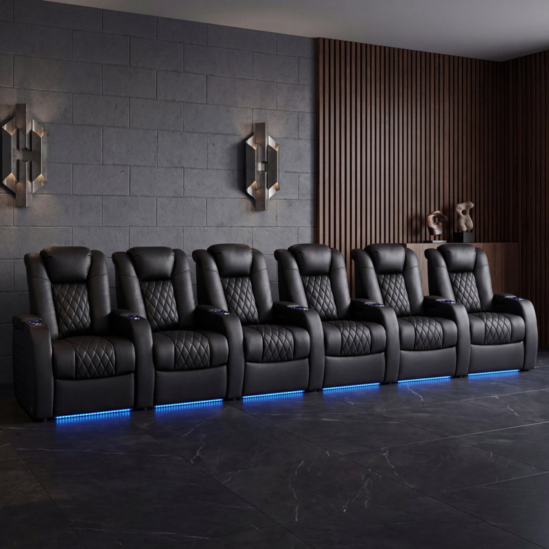 Fauteuil inclinable électrique berçant en cuir véritable avec éclairage ambiant à DEL 7 couleurs, appui-tête réglable, charge USB et porte-gobelet pour le cinéma maison