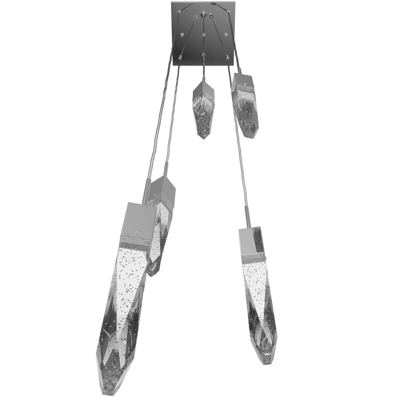 Luminaire grappe suspendu 5 lumières DEL Aspen, Chrome poli, Tiges de cristal transparentes à bulles d'air