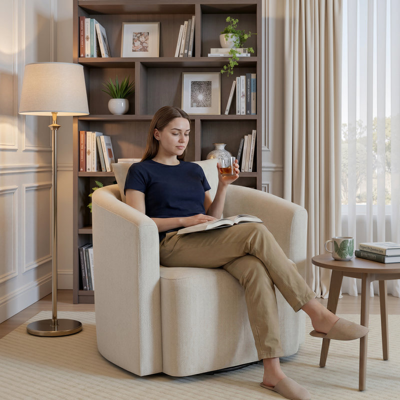 Chenille Upholstered 360° Swivel Barrel Chair, Modern Accent Chair With Pillow, Beige