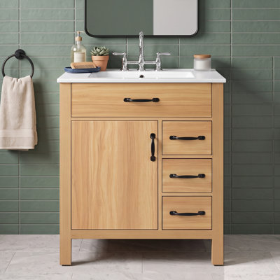 30" Solid Wood + MDF Freestanding Bathroom Vanity with Ceramic Integrated Basin Sink, Bath Cabinet in Natural Wood with Soft-close Hinges & Drawer Slides, Flip-Up Drawer Storage, Double-Layer Door Storage Rack and Black Handles