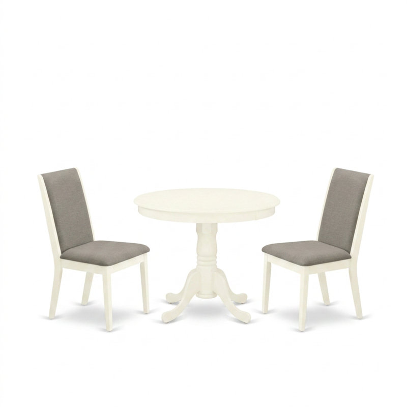 Ensemble de cuisine 3 pièces en bois d'hévéa asiatique blanc lin avec piédestal rond et 2 chaises Parson rembourrées en tissu lin Shitake pour petits espaces