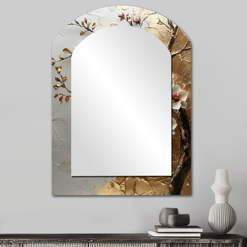 Rose et or cerisier en fleurs au bord du lac IV - miroir mural arqué cerisier en fleurs, miroir décoratif asymétrique rose