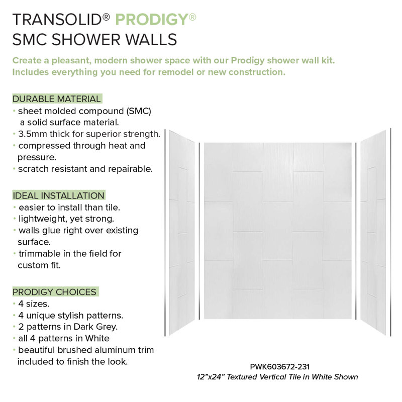 Prodigy 72" High x 60" Wide White Tile Shower Wall Panels