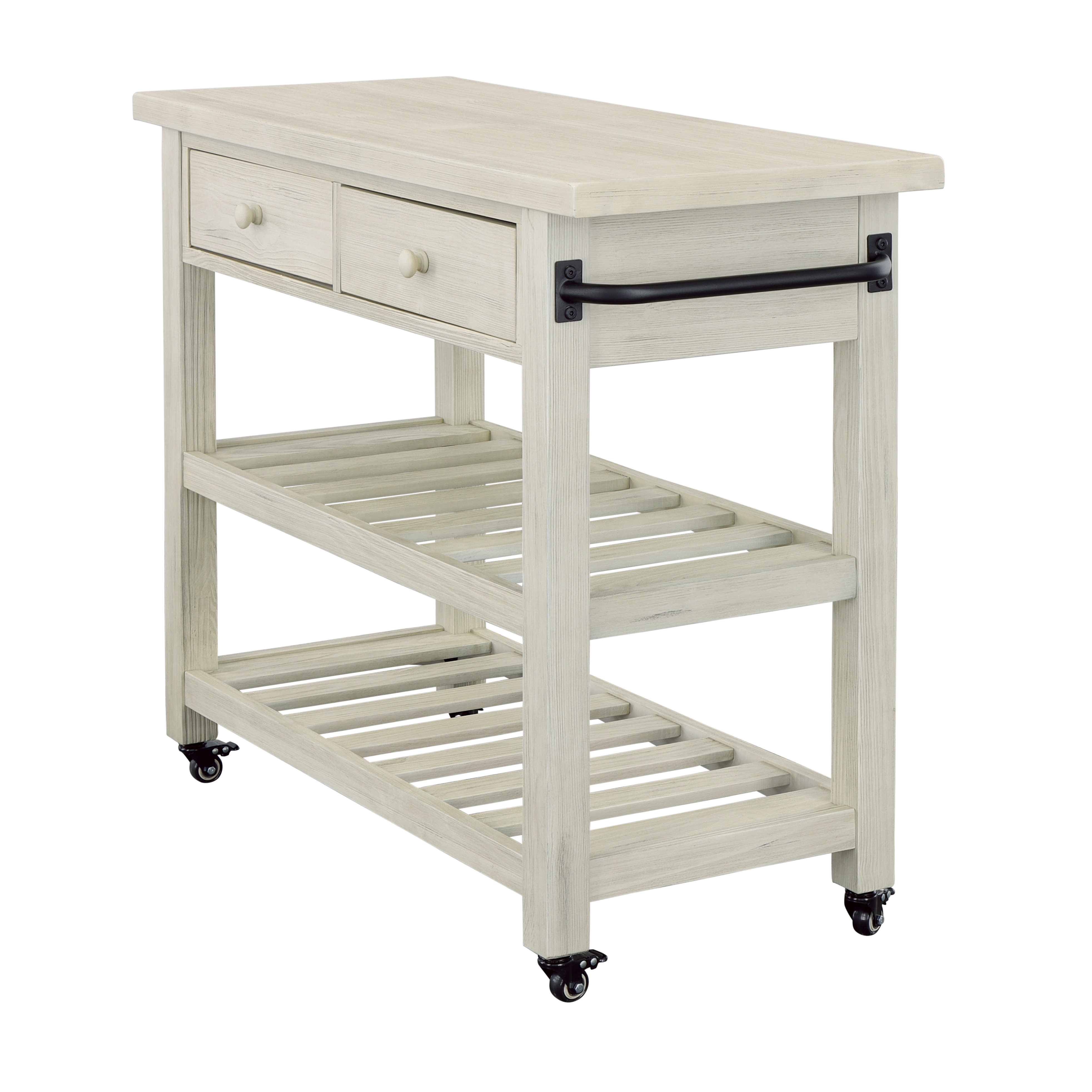 French Country 3 Tier Butcher Block Kitchen Cart with Drawers, Butcher Block/White