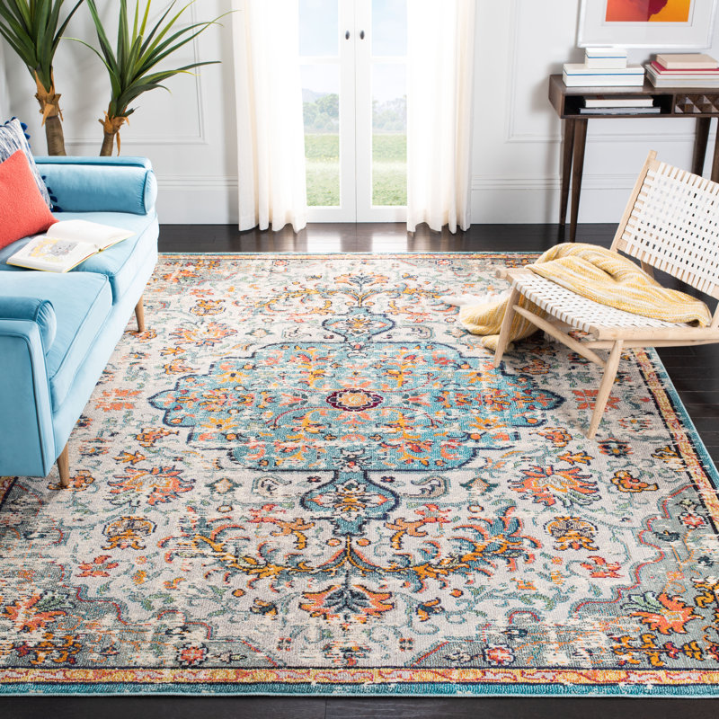 Felty Oriental Area Rug, Square 3', Gray/Light Blue/Orange
