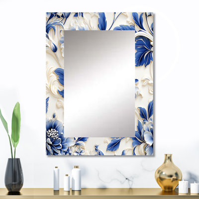 Holman Victorian Cobalt Blue Filigree Victorian Pattern - Floral Decorative Wall Mirror, Cottage Large Mirror, Printed Metal Art